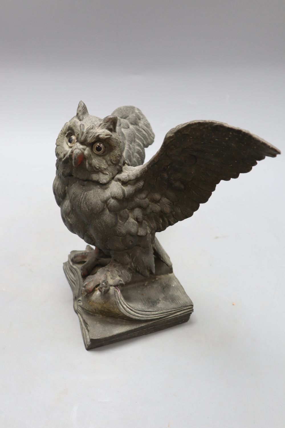 After Paul Engel. A spelter owl inkstand, signed